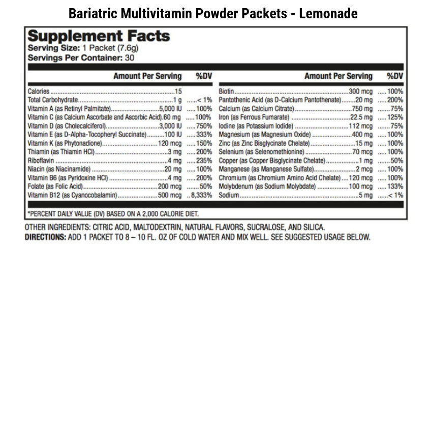 Bariatric Multivitamin Powder Packets - Lemonade Nutrition Label