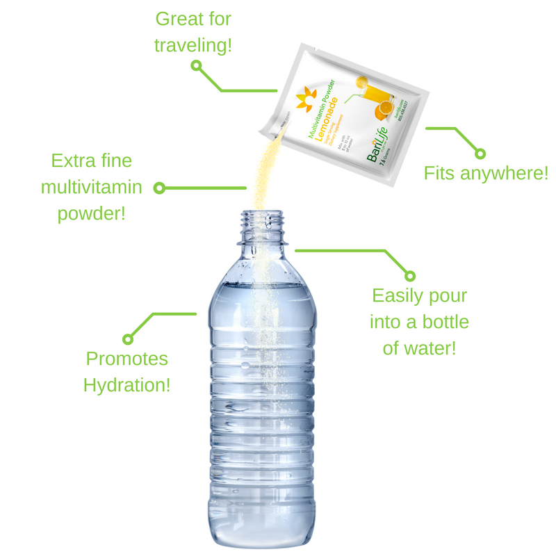Single serving lemonade multivitamin powder packet pouring into water bottle